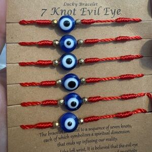 6 Red String and Blue Evil Eye Bracelets 7 knot